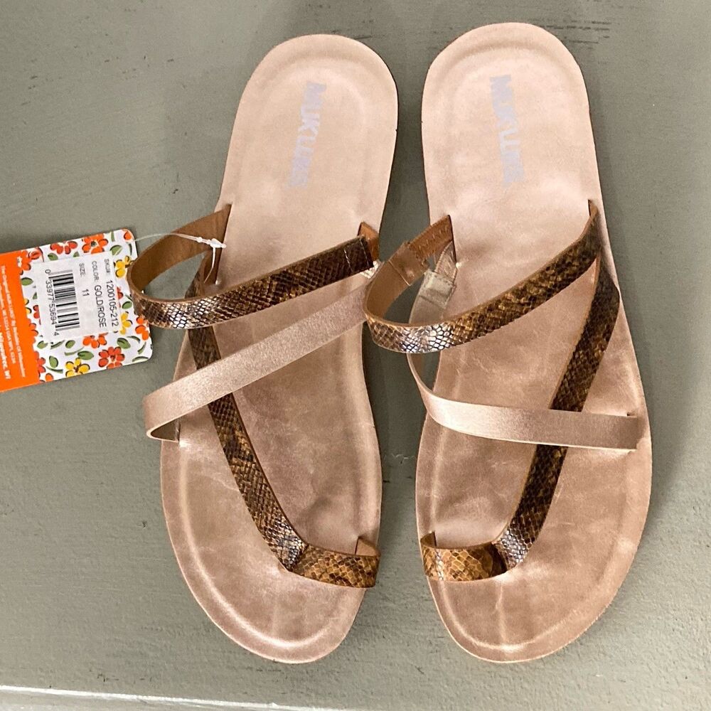 MUK LUKS Sz 11 About Town Rose Gold Snakeskin Strappy Sandals Leather Boho NWT